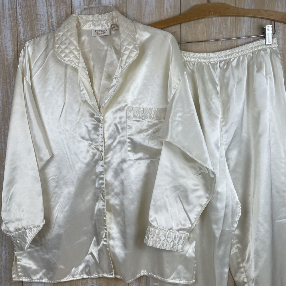 VTG Victoria's Secret Gold Label Cream Satin Pajama Set Polyester/Cotton Size S